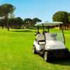 Golf cart in fairway of golf course with green grass field with blue sky and pine trees