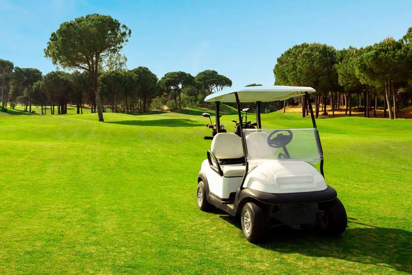 Golf cart in fairway of golf course with green grass field with blue sky and pine trees